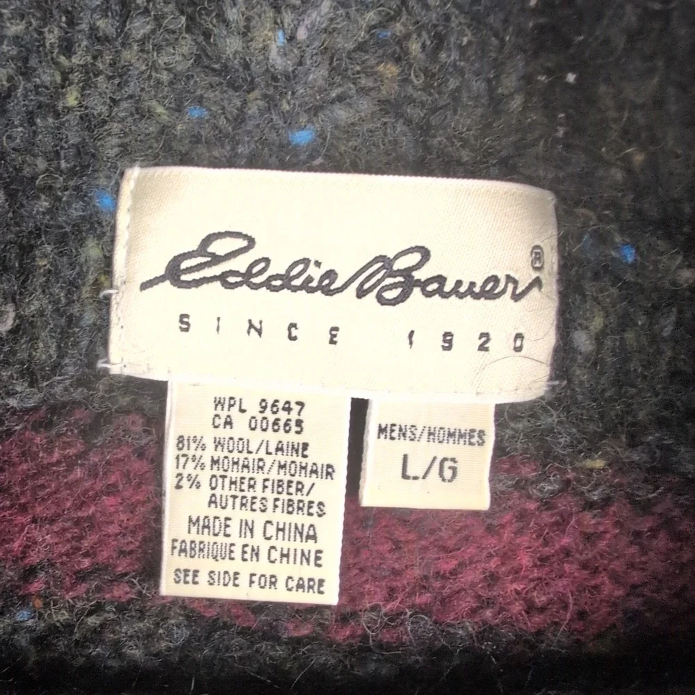 Eddie Bauer Mens Vintage Wool Mohair Cable Knit Sweater Grey Burgundy M - L - Picture 2 of 6
